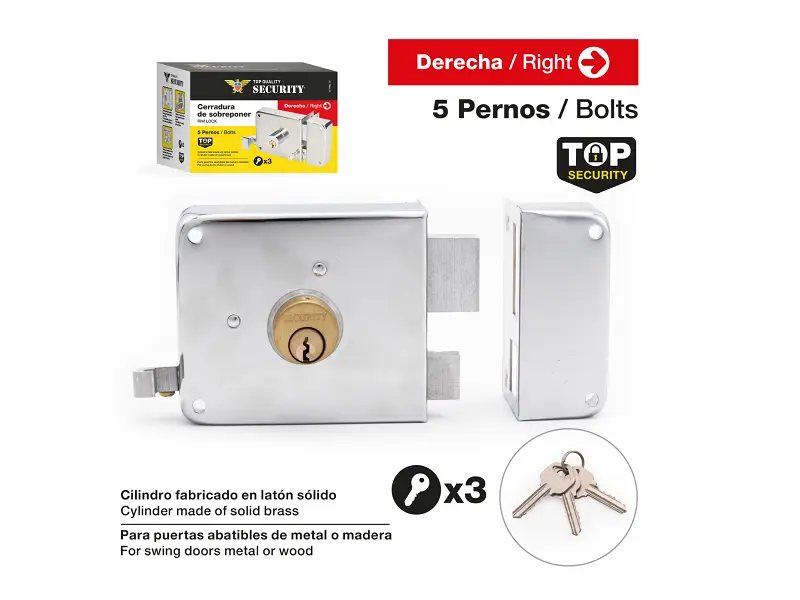 CERRADURA DE SOBREPONER 5 PERNOS, DERECHO