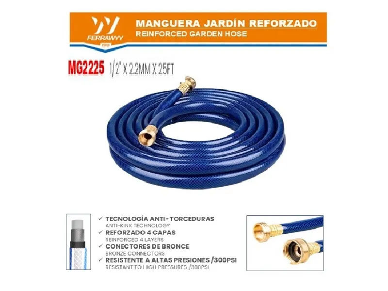 MANGUERA JARDIN 1/2" X 2.2MM X 25FT REFORZADO FERRAWYY